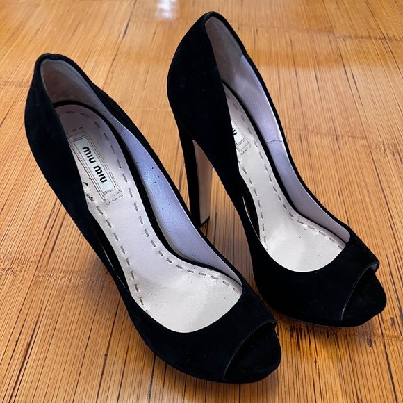 Miu Miu Black Suede Heel Platform Open Toe Heels - Picture 1 of 5